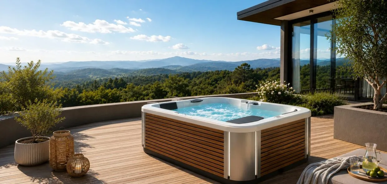 Terrasse de luxe spa Pornic avec vue montagne