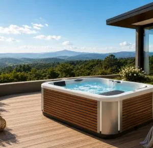 Terrasse de luxe spa Pornic avec vue montagne