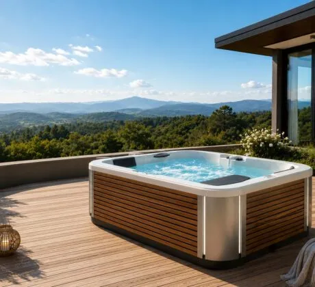 Terrasse de luxe spa Pornic avec vue montagne