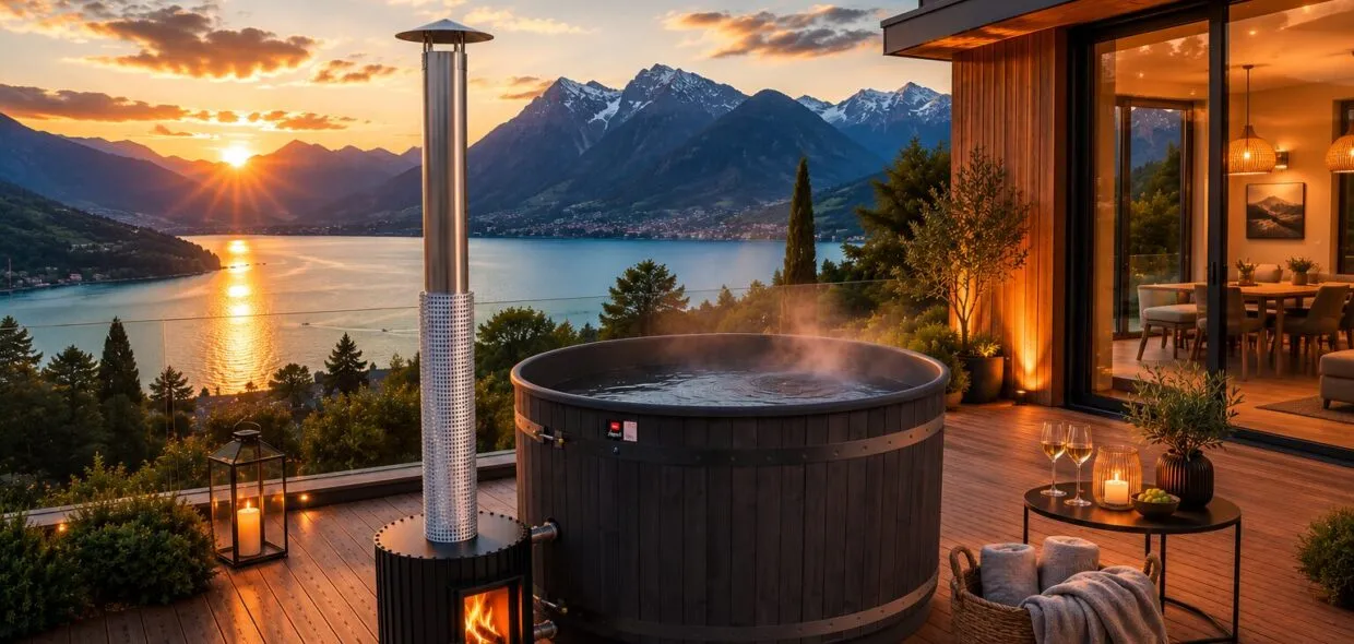 Bain nordique Tromso vue lac d'Annecy au coucher de soleil