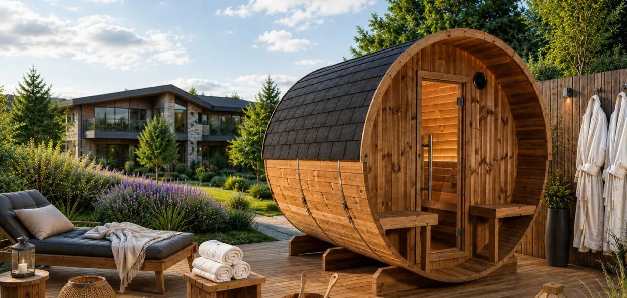 Aménagement extérieur du sauna tonneau dans un jardin