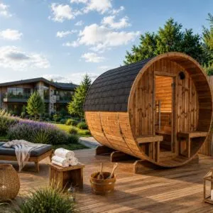 Aménagement extérieur du sauna tonneau dans un jardin