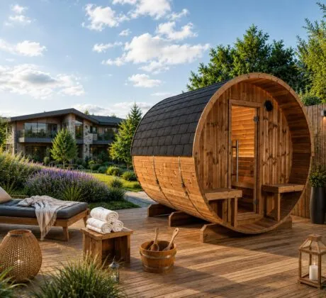 Aménagement extérieur du sauna tonneau dans un jardin